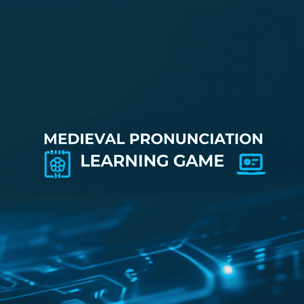 Medieval Pronunciation Learning Game illustration showing a historical manuscript and a phonetic guide.